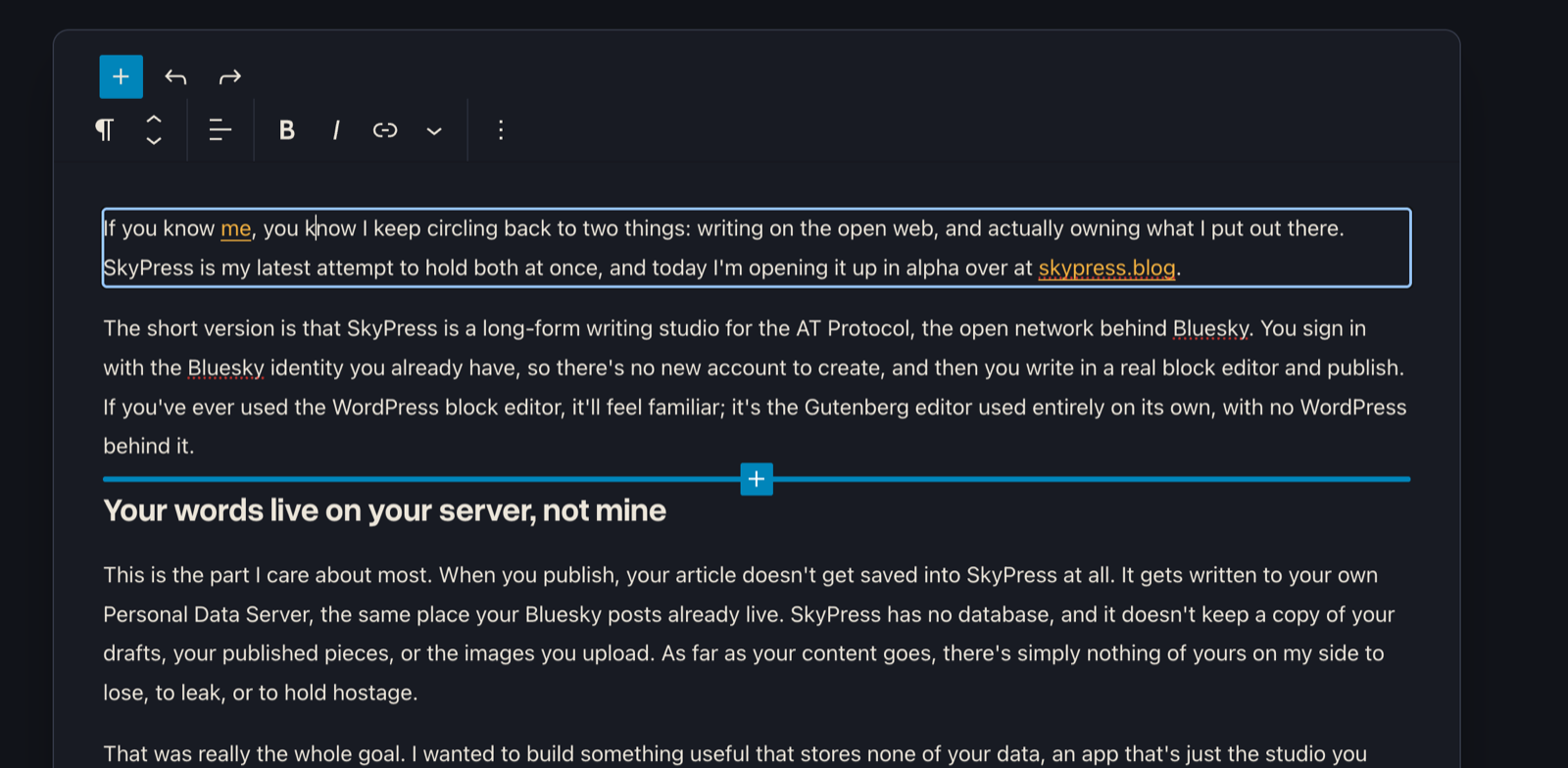 The SkyPress block editor